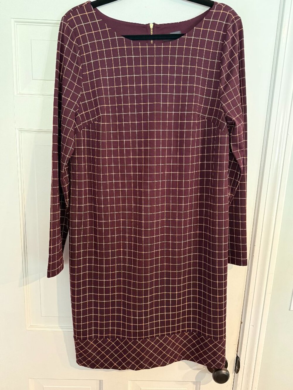 Burgundy Windowpane Plaid Long Sleeve Shift Dress